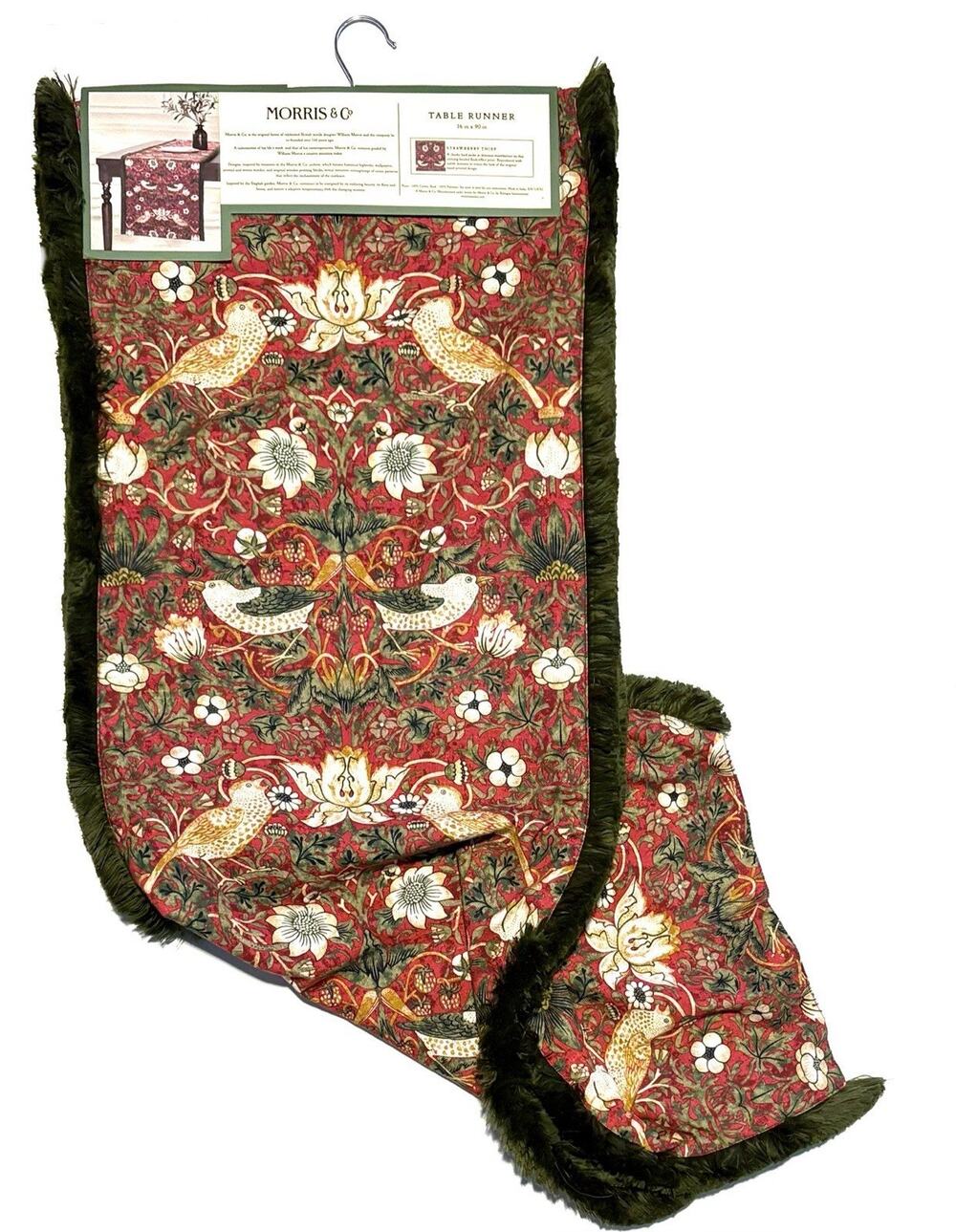 William Morris & Co Strawberry Thief Table Runner Red Olive Green Fringe 16x90”